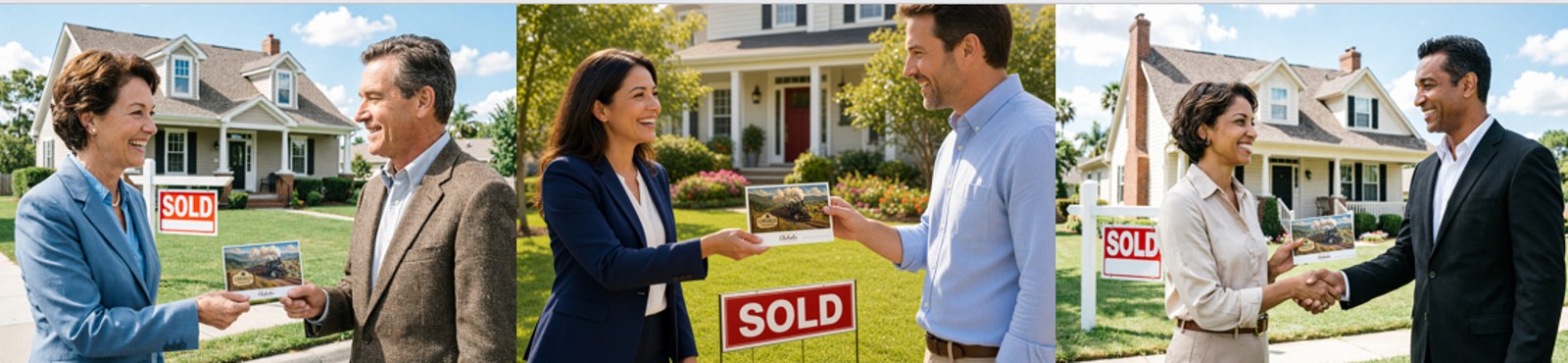 Real estate agents handing a painted town postcard to their buyers in front of sold signs